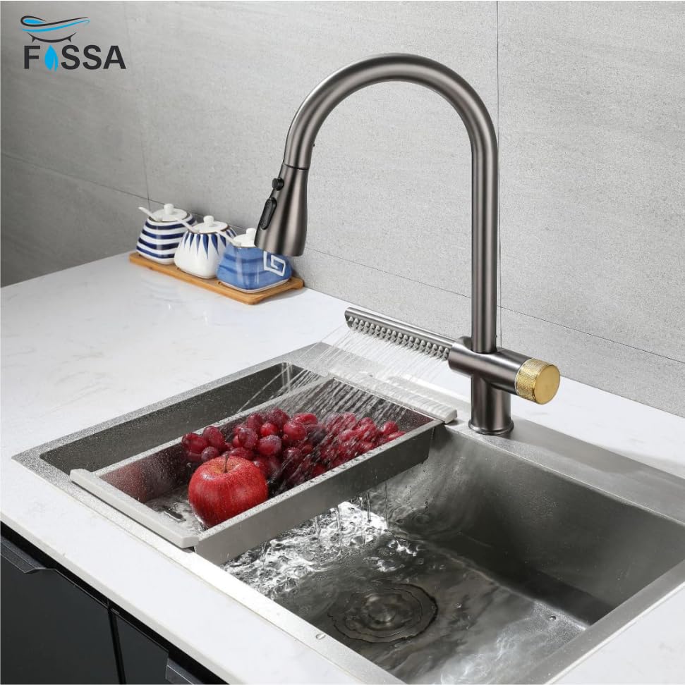 Fossa Kitchen faucets with Pull Down Sprayer with Waterfall Shower Stainless Steel Single Hole Hot and Cold Water Swivel Pull Down Kitchen Faucet-Grey Black (Grey Black) Fossa Home