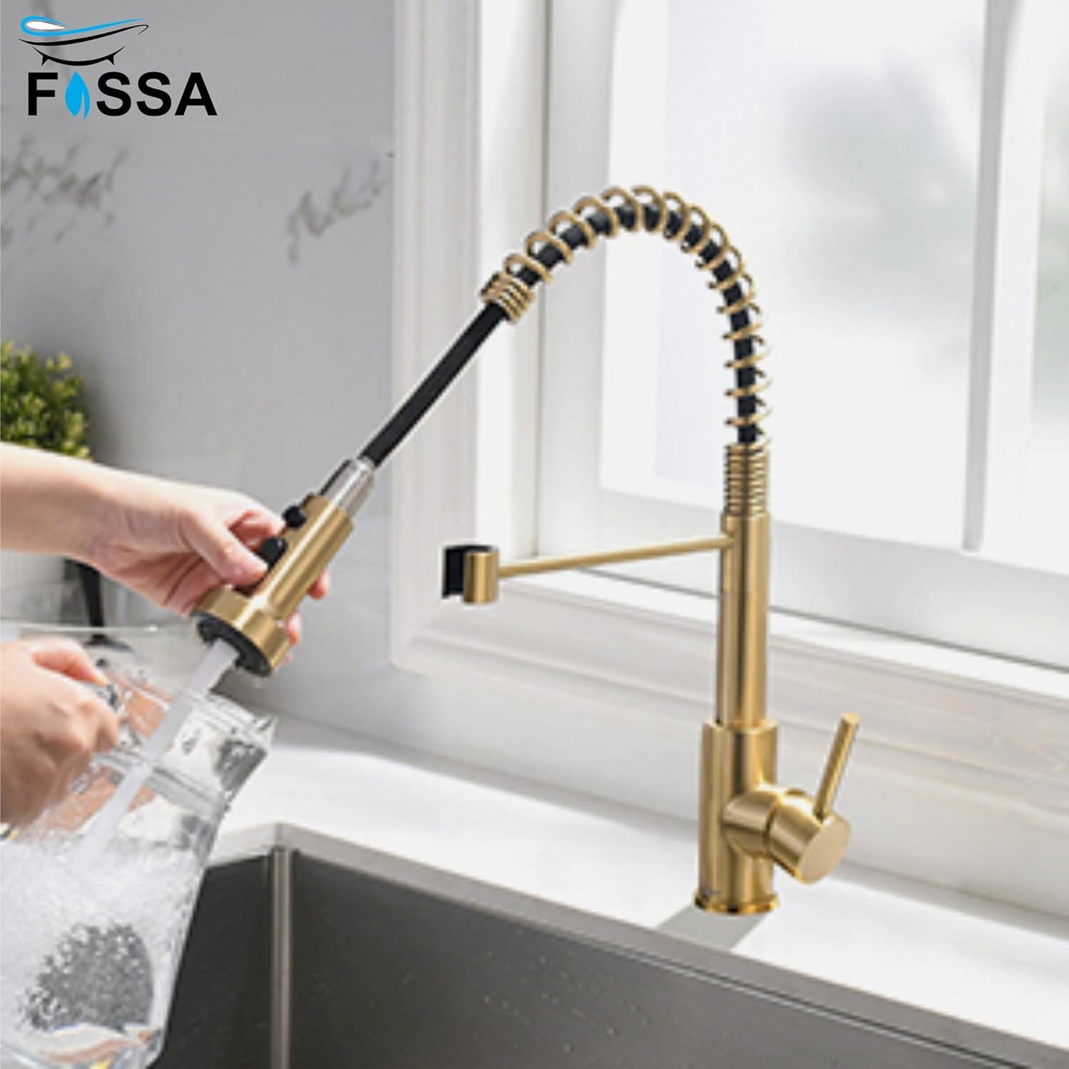 Fossa Pull Down Sprayer, Kitchen Mixer Tap 360° Swivel, Commercial Kitchen Faucet Single Handle Mixer Tap with 2 Spray Modes Brushed (Gold) Fossa Home