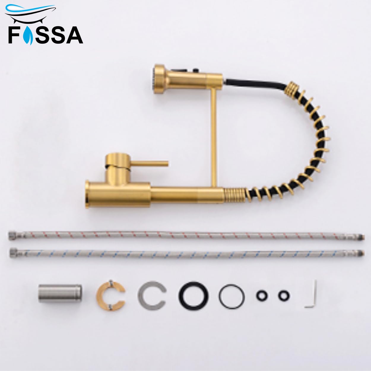 Fossa Pull Down Sprayer, Kitchen Mixer Tap 360° Swivel, Commercial Kitchen Faucet Single Handle Mixer Tap with 2 Spray Modes Brushed (Gold) Fossa Home