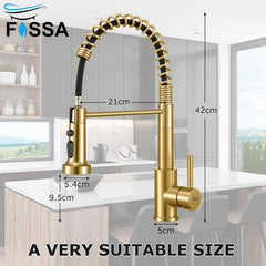 Fossa Pull Down Sprayer, Kitchen Mixer Tap 360° Swivel, Commercial Kitchen Faucet Single Handle Mixer Tap with 2 Spray Modes Brushed (Gold) Fossa Home