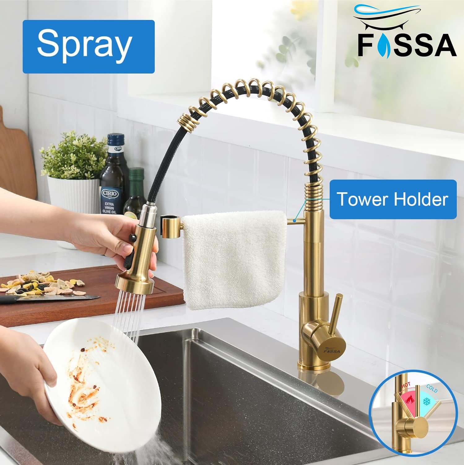 Fossa Pull Down Sprayer, Kitchen Mixer Tap 360° Swivel, Commercial Kitchen Faucet Single Handle Mixer Tap with 2 Spray Modes Brushed (Gold) Fossa Home