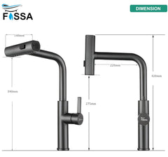 Fossa Pull-Out Kitchen Faucet, Stainless Steel Sink Faucet, Single Lever Rainfall Waterfall Faucet for Sinks, Black Fossa Home