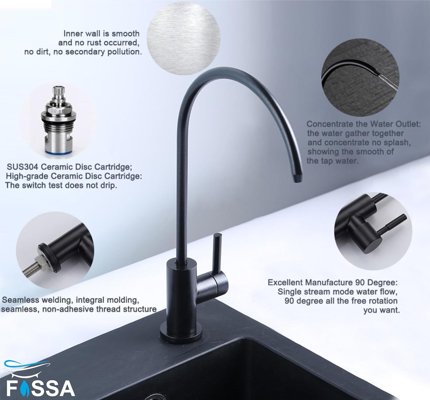 Fossa RO Tap Kitchen Water Filter Faucet, 100% Lead-Free Drinking Water Faucet Stainless Steel 304 Body Brushed Nickel Finish (Black) Fossa Home