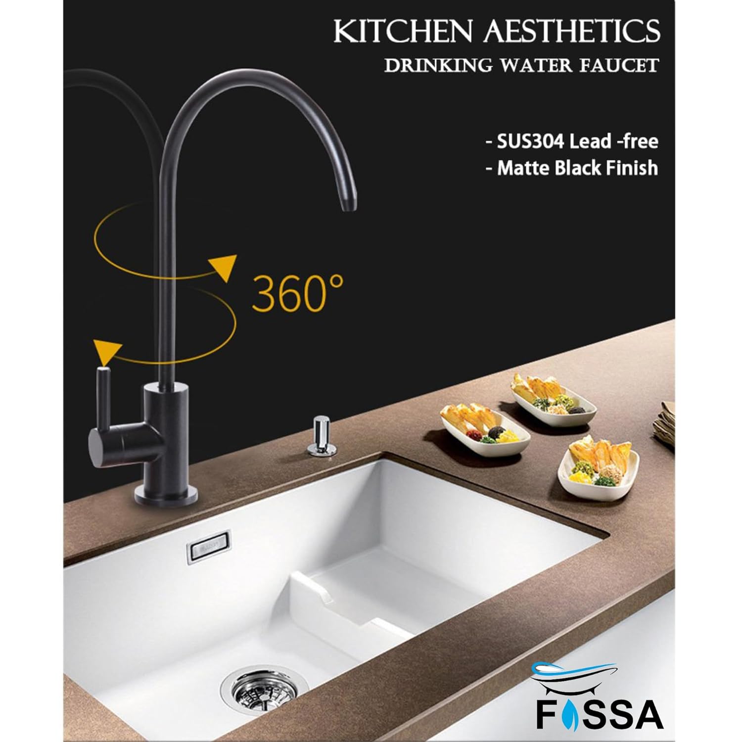 Fossa RO Tap Kitchen Water Filter Faucet, 100% Lead-Free Drinking Water Faucet Stainless Steel 304 Body Brushed Nickel Finish (Black) Fossa Home