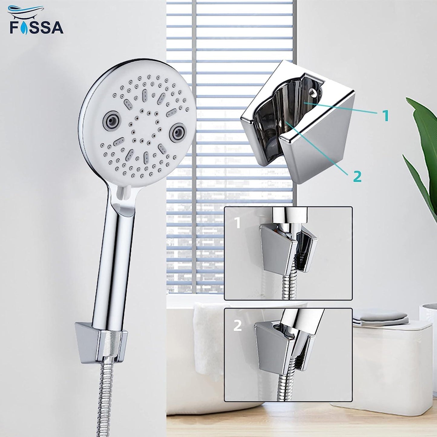 Fossa Shower Head Powerful Flow with 1.5m Chrome Shower Hose Pressure Boosting Shower Head Spray with 5 Modes Water Saving Bathing for Adults Children Pets Home and Gym Use - Fossa Home 