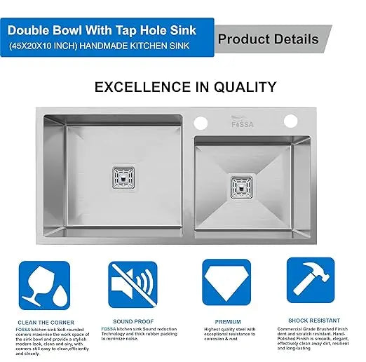 Fossa Silver Kitchen Sink - 45"x20"x10" Stainless Steel Double Bowl Sink With Single Tap Hole,Drain Basket, Soap Dispenser, Siphon Drain - Topmount Sink for Campervan or Home Kitchen Fossa Home