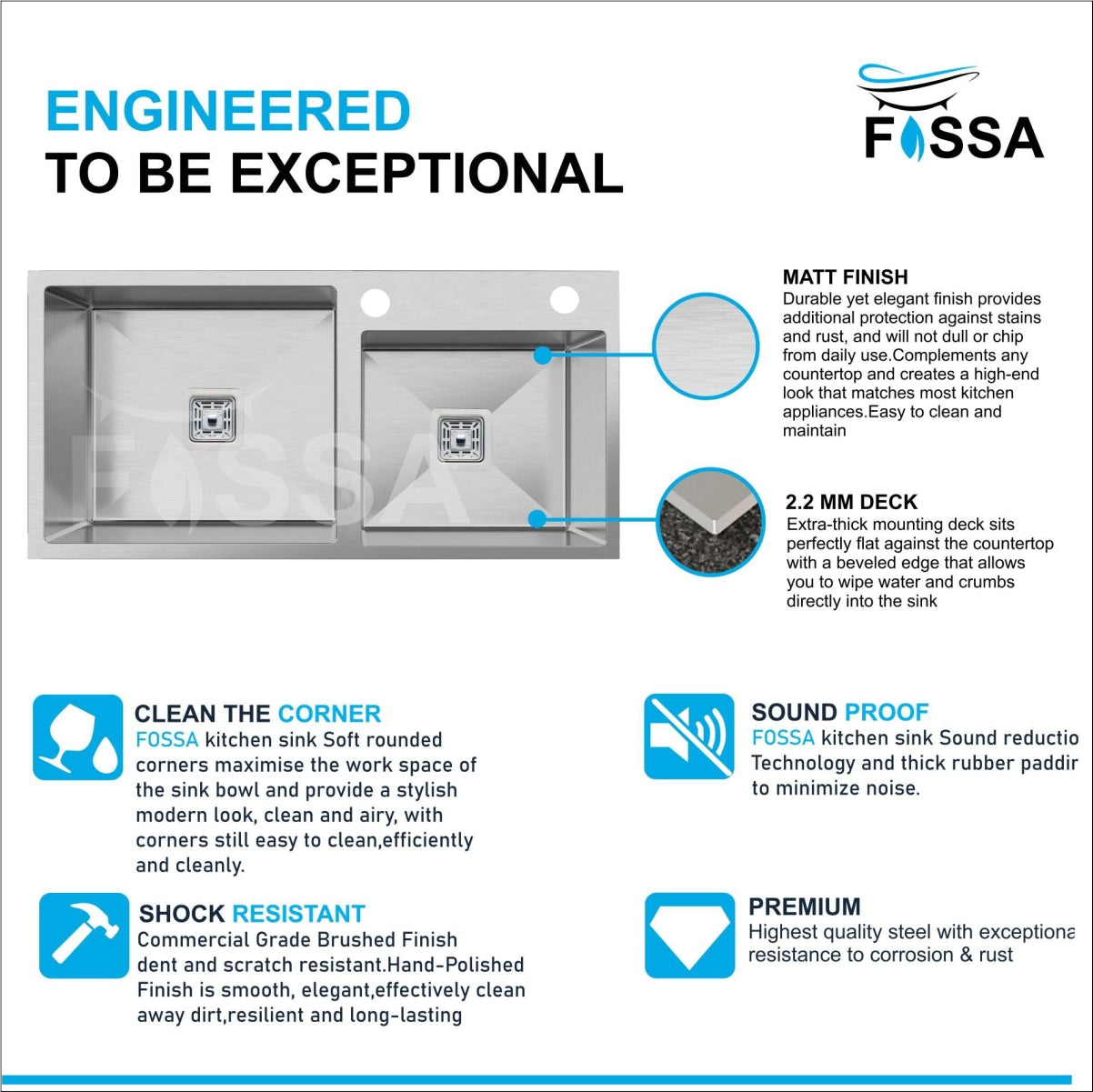 Fossa 45"x20"x10" Double Bowl With Tap Hole Stainless Steel Handmade Kitchen Sink Matte Finish 