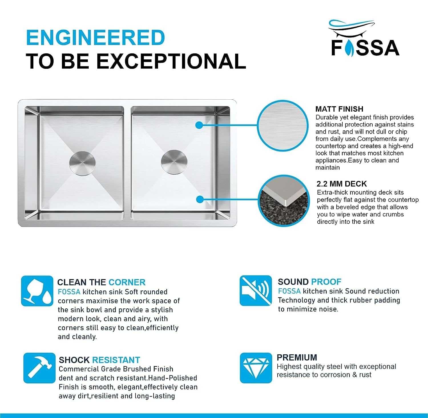 Fossa double bowl round coupling kitchen sink 