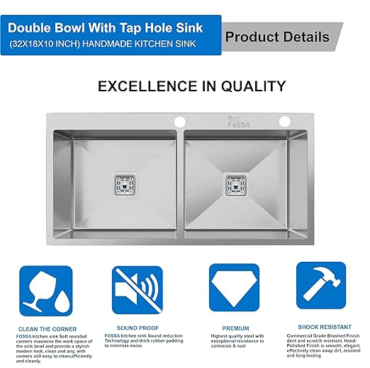 Fossa double bowl with tap hole quality sink 