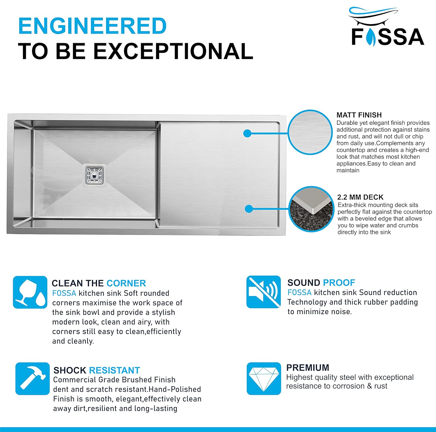 Fossa single bowl drain board silver 