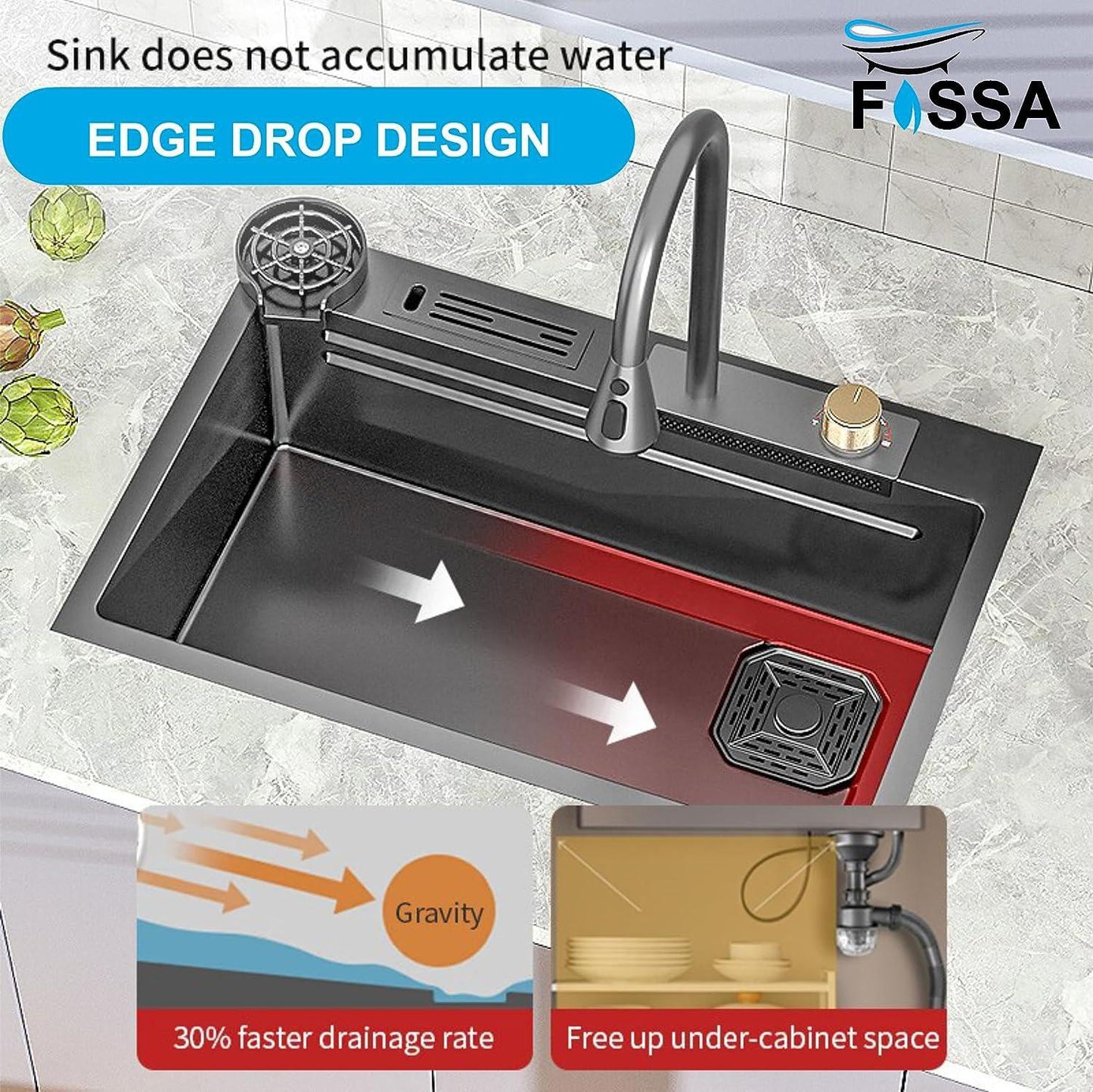 Fossa single bowl waterfall kitchen sink 