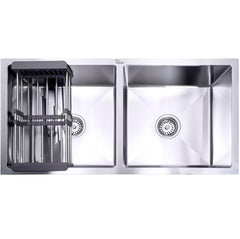 Fossa Premium Stainless Steel Handmade 37"x18"x10" Double Bowl Round Coupling Kitchen Sink Matte Finish Included Strainer-Basket,Sink Coupling,Waste Pipe