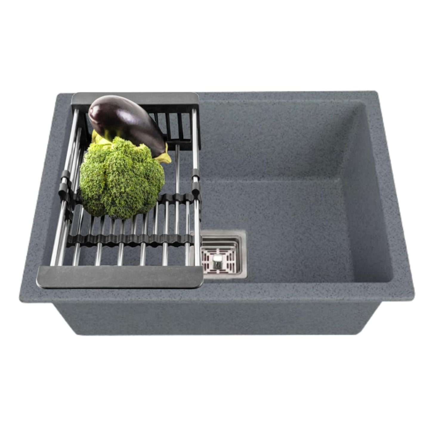 Fossa 18"x16"x09" inch Quartz Single Bowl Kitchen Sink | Non-fading Colour with UV Protection | Natural Stone Quartz/Granite Sink with Sink Coupling, Waste Pipe & Strainer Basket Smoke Grey