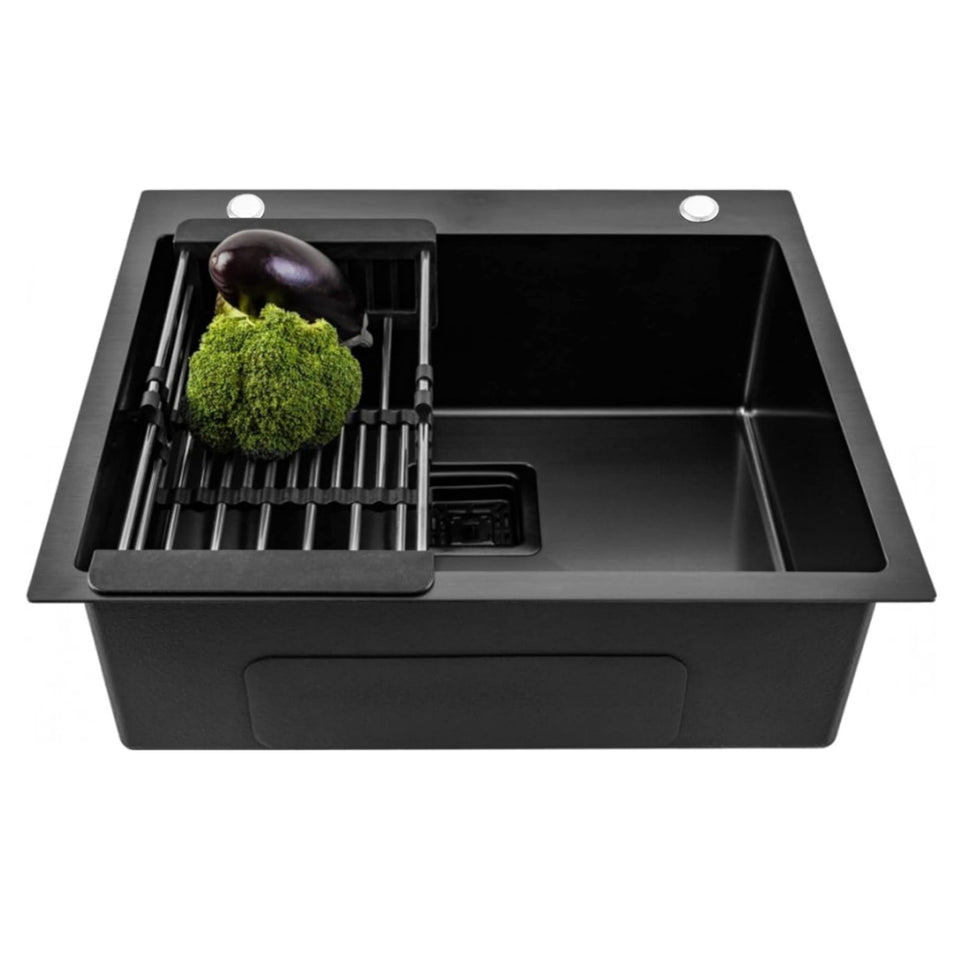 Fossa 24"x18"x10" Inch Single Bowl With Side Tap Hole SS-304 grade Handmade Kitchen Sink Black