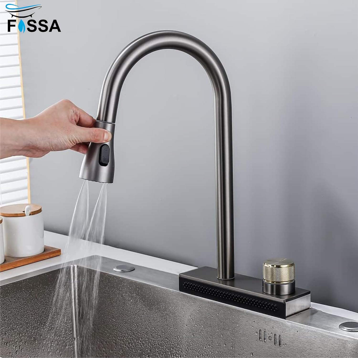 Wainfall Kitchen Sink Faucet Pull Out Four Water Outlet Modes Cold and Hot Can Rotate TAP ( Grey Silver ) Fossa Home