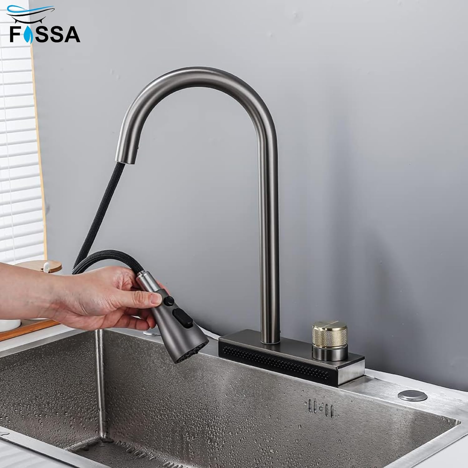 Wainfall Kitchen Sink Faucet Pull Out Four Water Outlet Modes Cold and Hot Can Rotate TAP ( Grey Silver ) Fossa Home