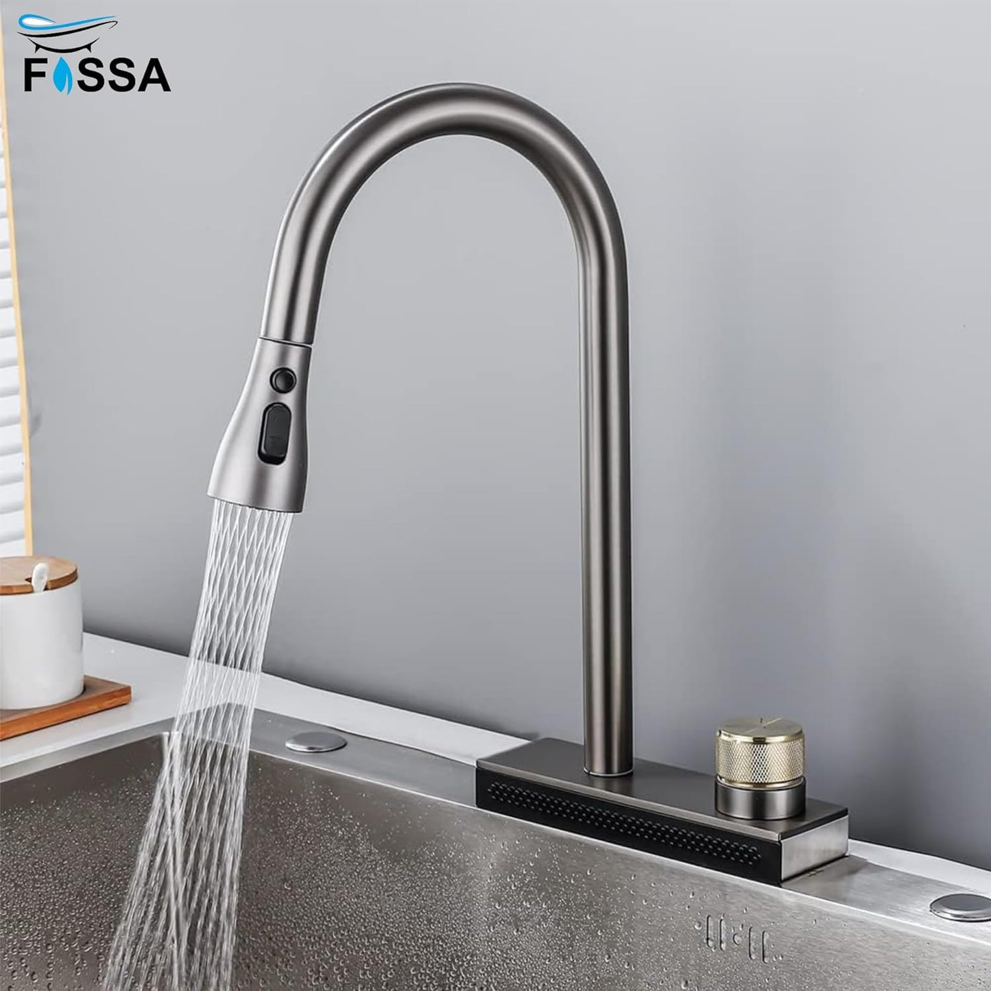 Wainfall Kitchen Sink Faucet Pull Out Four Water Outlet Modes Cold and Hot Can Rotate TAP ( Grey Silver ) Fossa Home