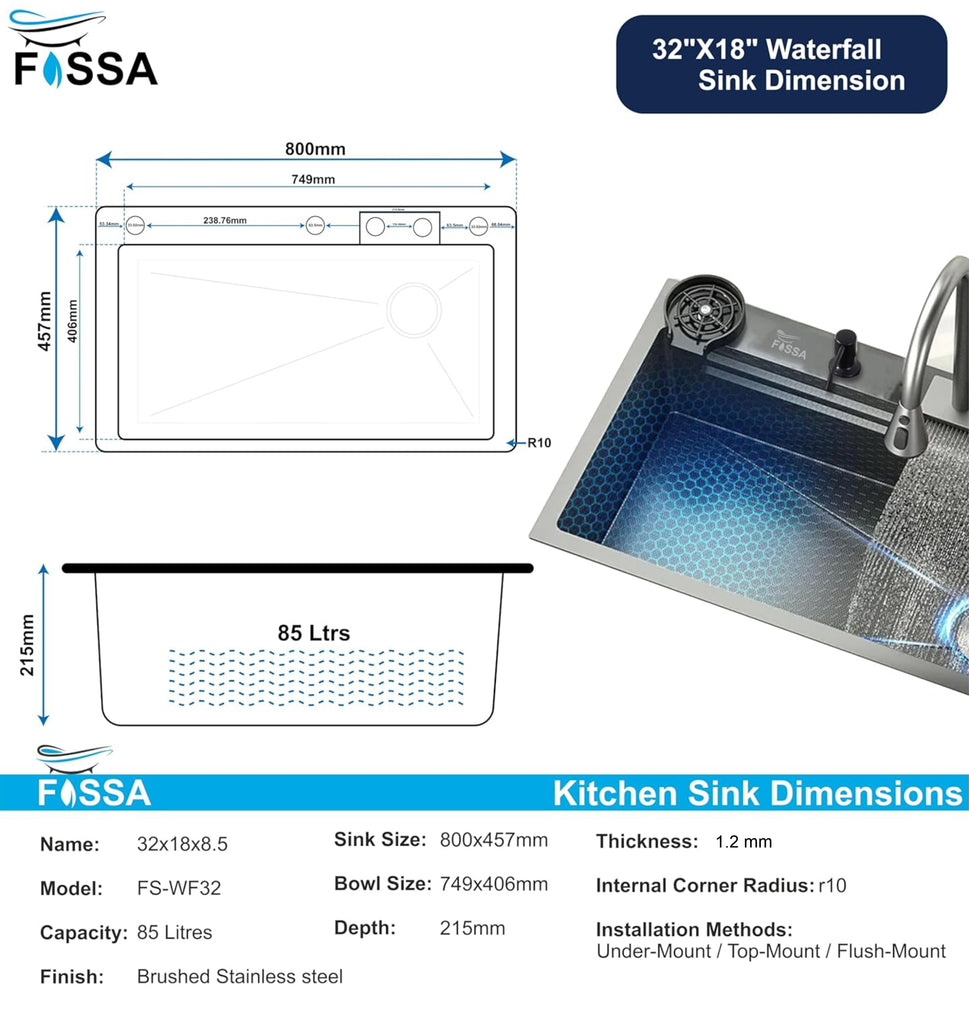Fossa 32"x18"x10" inch  Single Bowl Waterfall Kitchen Sink 304 Grade  Honeycomb Embossed Sink with White Nano Coating, Stainless Steel, Rectangular Workstation, Faucet With All Accessories.