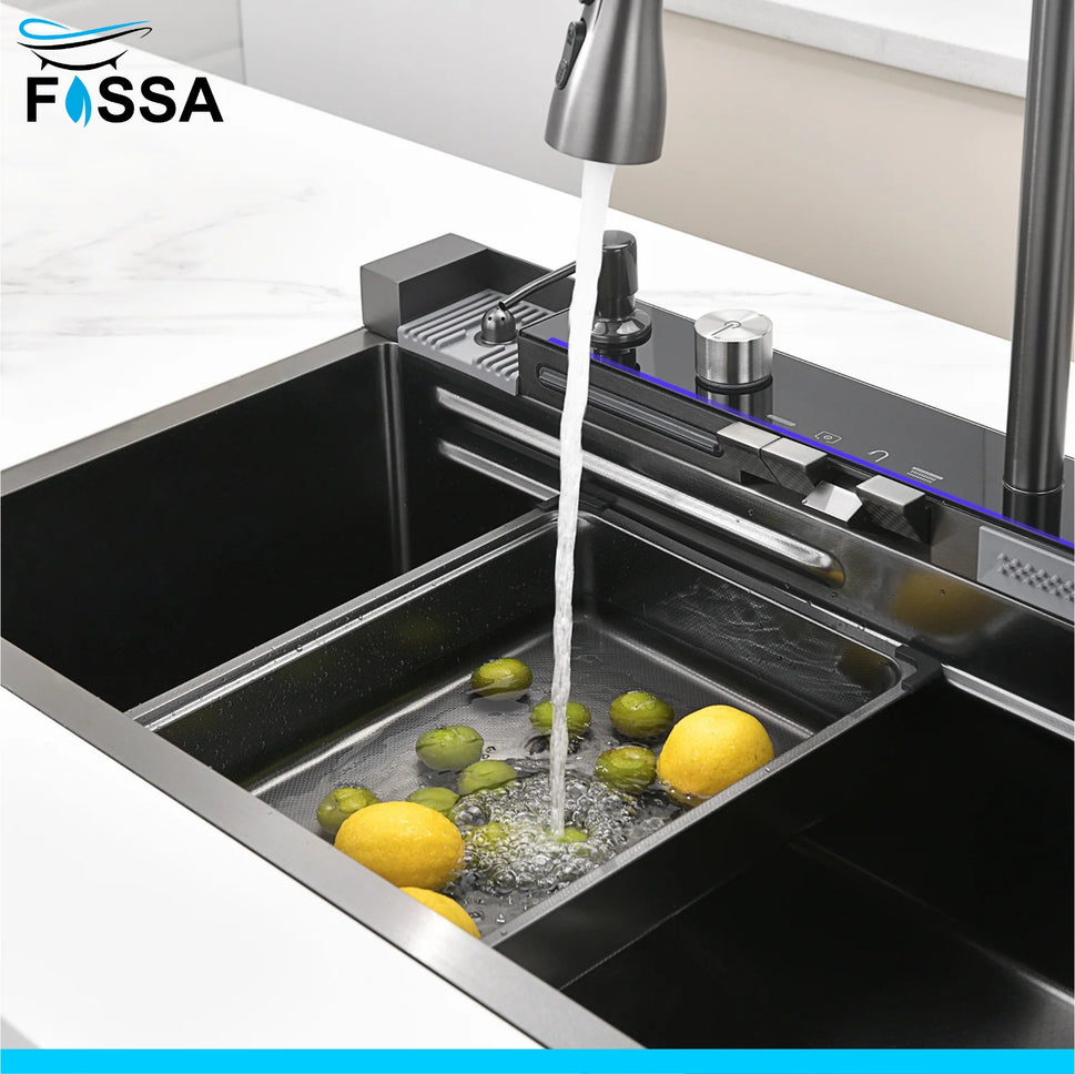 Fossa 30"x18"x10" inch Piano Fully Equipped Kitchen Sink with Integrated Waterfall and Pull-down Faucets - Premium Stainless Steel Sink with LED Pannel and Digital Display - Nano Black Finish