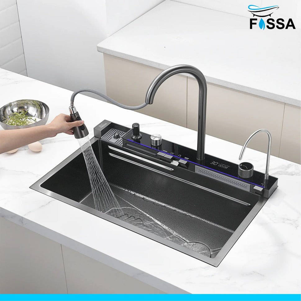 Fossa 30"x18"x10" inch Piano Fully Equipped Kitchen Sink with Integrated Waterfall and Pull-down Faucets - SS-304 Grade Stainless Steel Sink with LED Pannel and Digital Display - Nano Black Finish