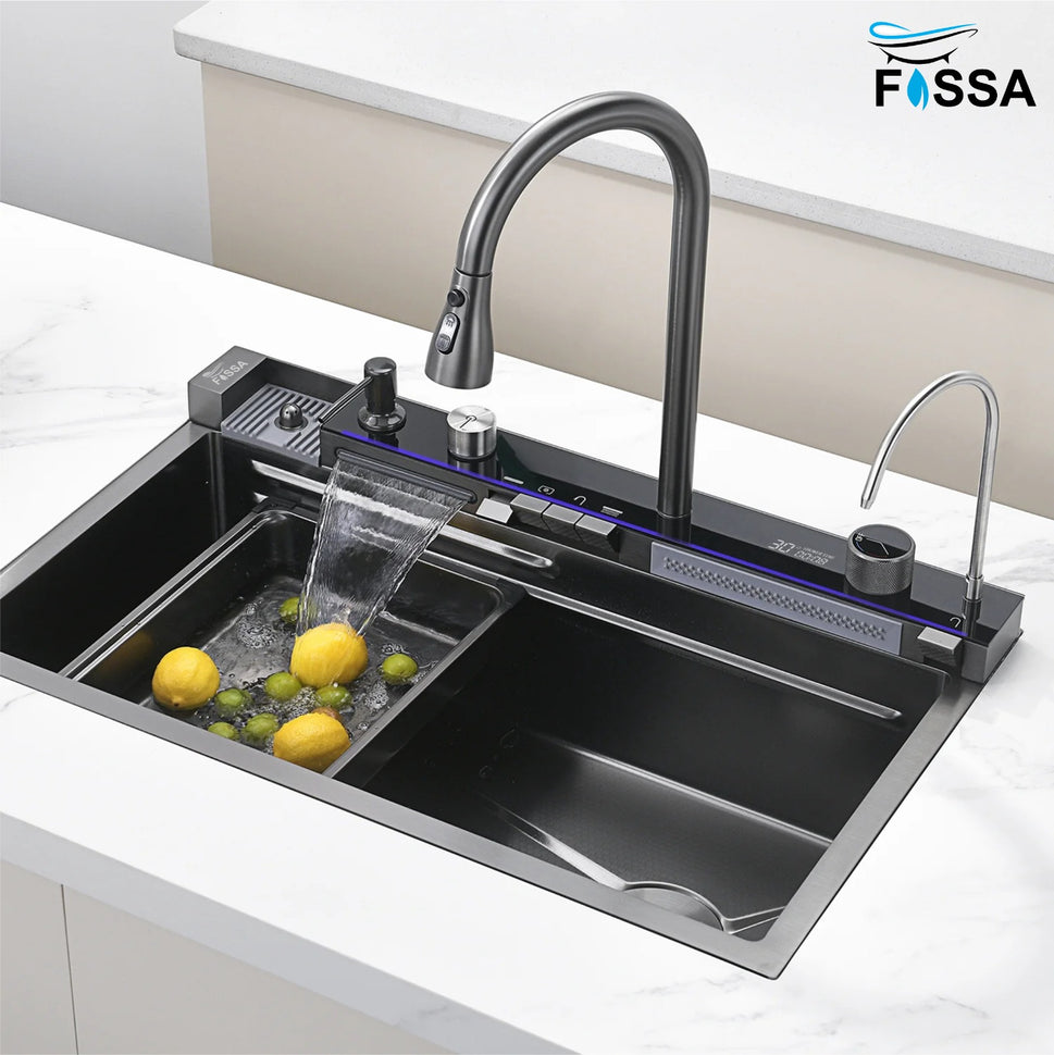 Fossa 30"x18"x10" inch Piano Fully Equipped Kitchen Sink with Integrated Waterfall and Pull-down Faucets - Premium Stainless Steel Sink with LED Pannel and Digital Display - Nano Black Finish