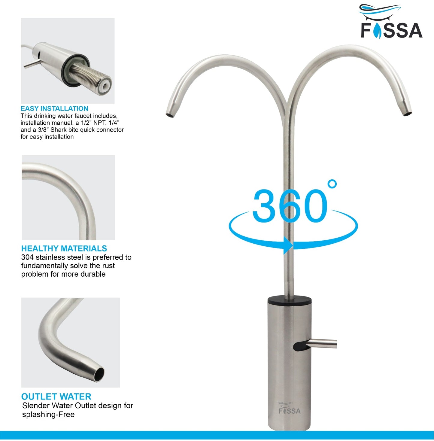 Fossa Opera J Bend RO Tap Kitchen Water Filter Faucet, 100% Lead-Free Drinking Water Faucet Stainless Steel Brushed Nickel Finish (Silver)