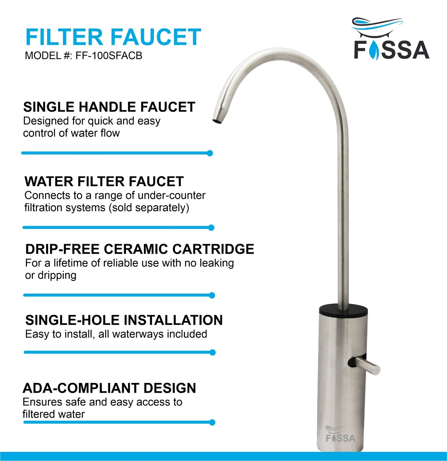 Fossa Opera J Bend RO Tap Kitchen Water Filter Faucet, 100% Lead-Free Drinking Water Faucet Stainless Steel Brushed Nickel Finish (Silver)