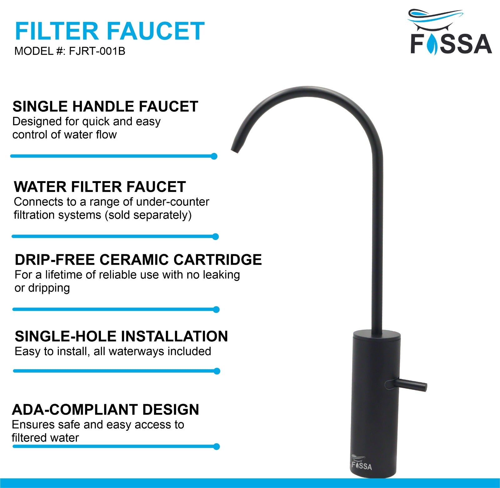 Fossa Opera J Bend RO Tap Kitchen Water Filter Faucet, 100% Lead-Free Drinking Water Faucet Stainless Steel Brushed Nickel Finish (Black)