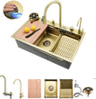 Fossa 30"x18"x10" inch  Single Bowl 304 grade Waterfall Kitchen Sink Honeycomb Embossed Sink with White Nano Coating, Stainless Steel, Rectangular Workstation, faucet With all Accessories.Gold