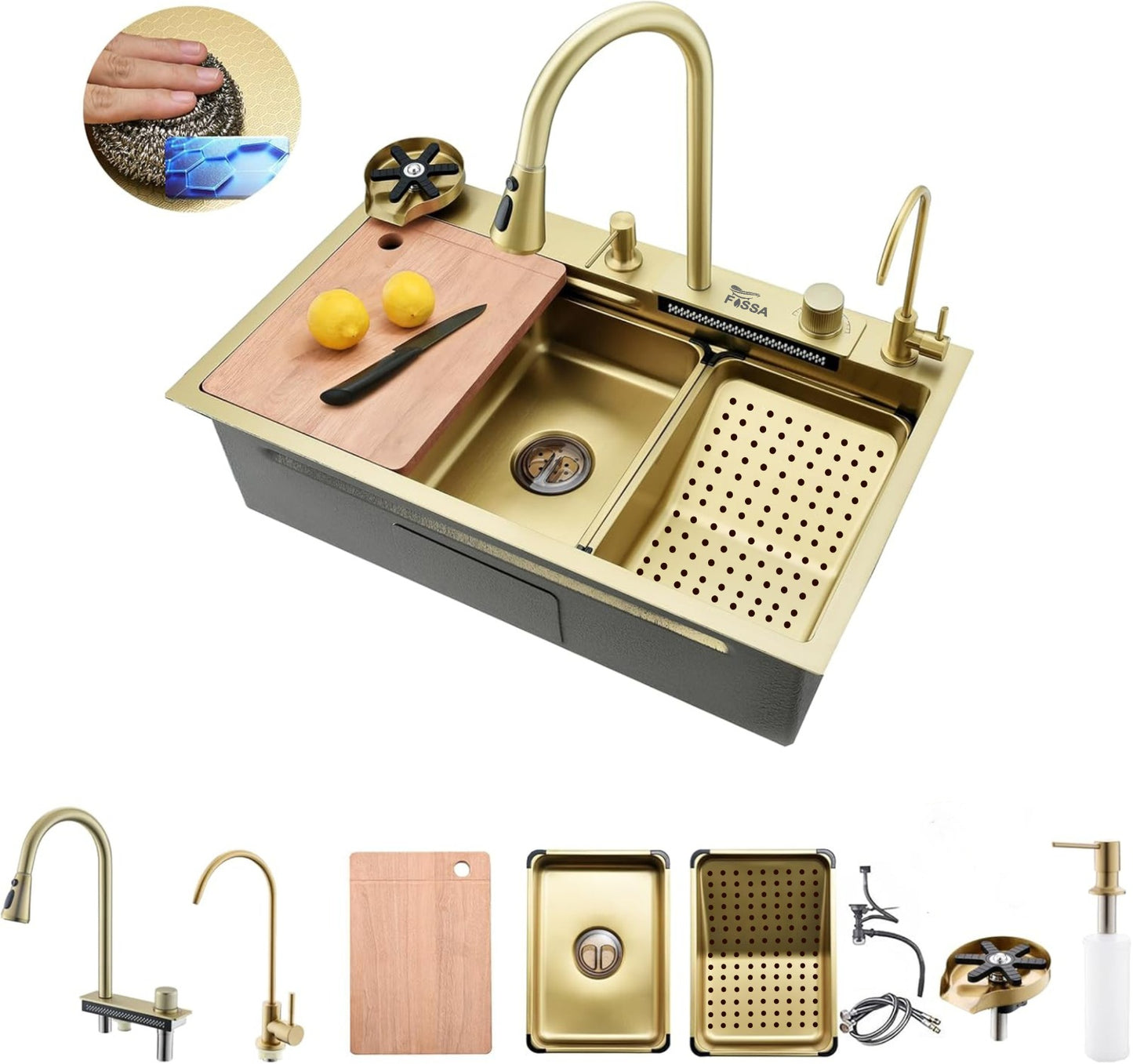 Fossa 30"x18"x10" inch  Single Bowl 304 grade Waterfall Kitchen Sink Honeycomb Embossed Sink with White Nano Coating, Stainless Steel, Rectangular Workstation, faucet With all Accessories.Gold