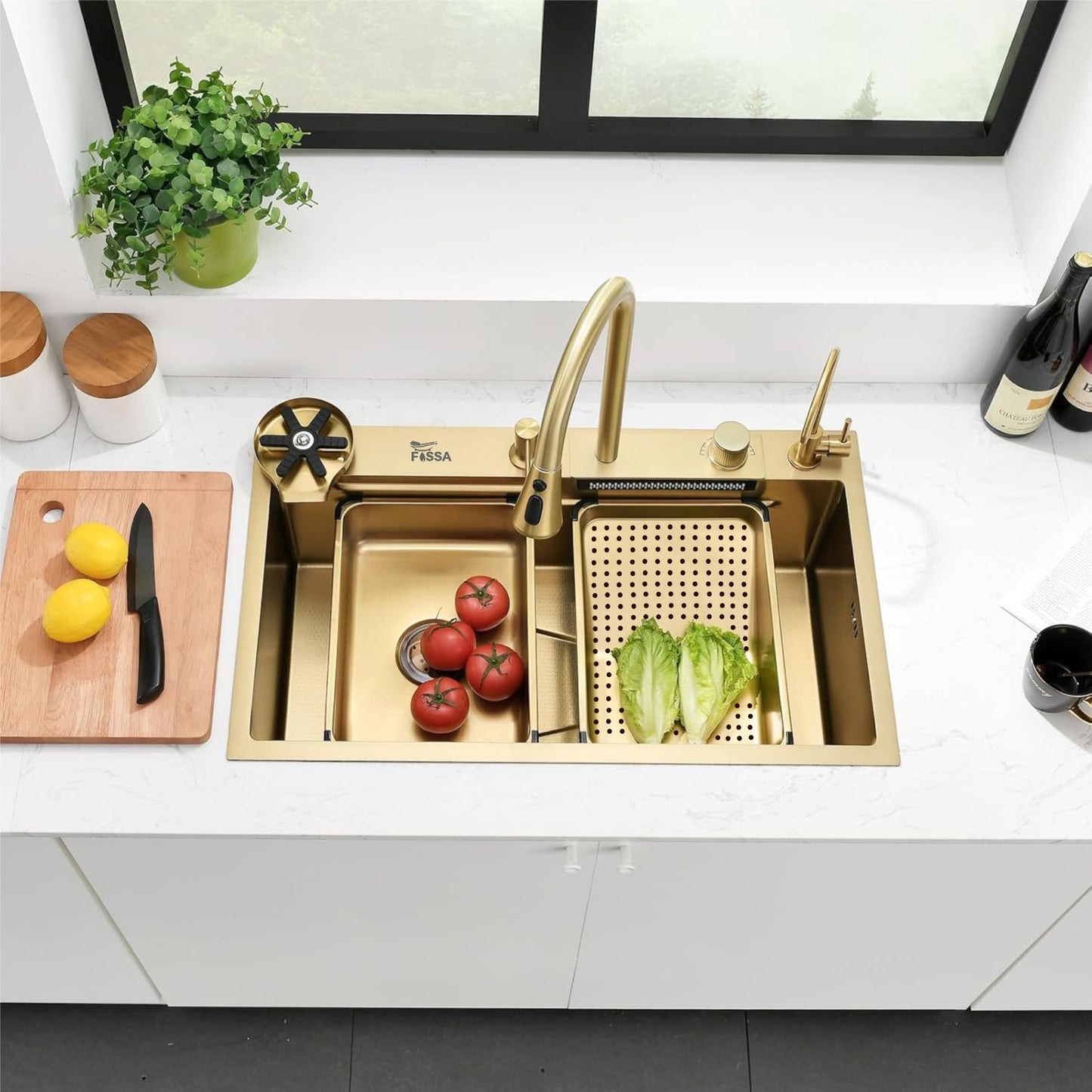 Fossa 30"x18"x10" inch  Single Bowl 304 grade Waterfall Kitchen Sink Honeycomb Embossed Sink with White Nano Coating, Stainless Steel, Rectangular Workstation, faucet With all Accessories.Gold