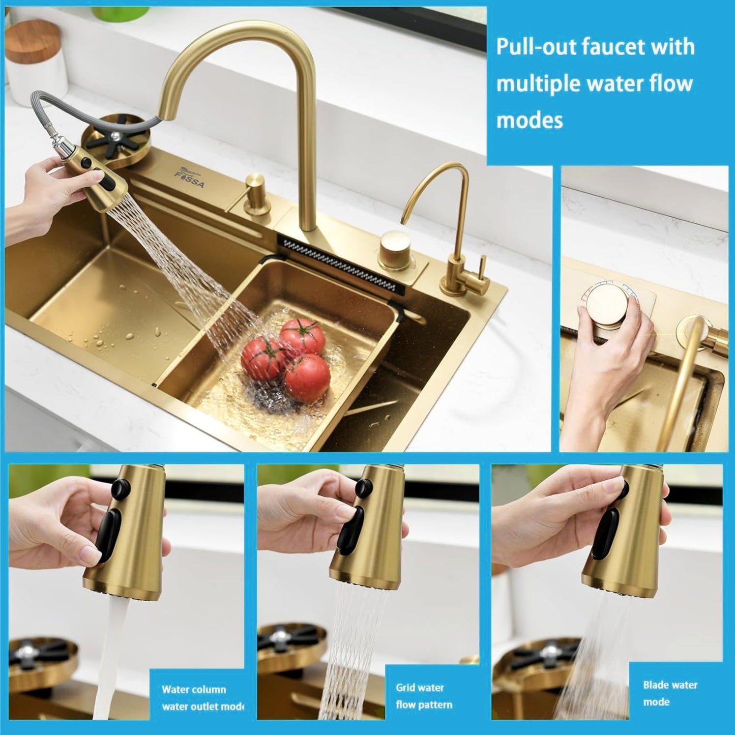 Fossa 30"x18"x10" inch  Single Bowl 304 grade Waterfall Kitchen Sink Honeycomb Embossed Sink with White Nano Coating, Stainless Steel, Rectangular Workstation, faucet With all Accessories.Gold