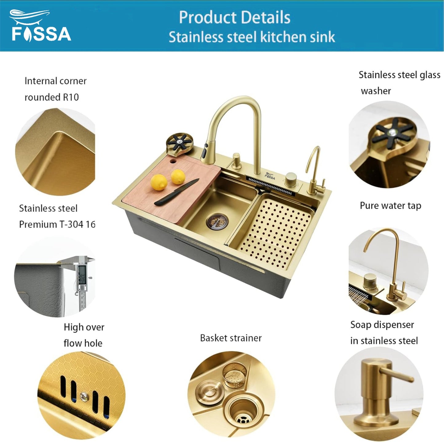 Fossa 30"x18"x10" inch  Single Bowl 304 grade Waterfall Kitchen Sink Honeycomb Embossed Sink with White Nano Coating, Stainless Steel, Rectangular Workstation, faucet With all Accessories.Gold