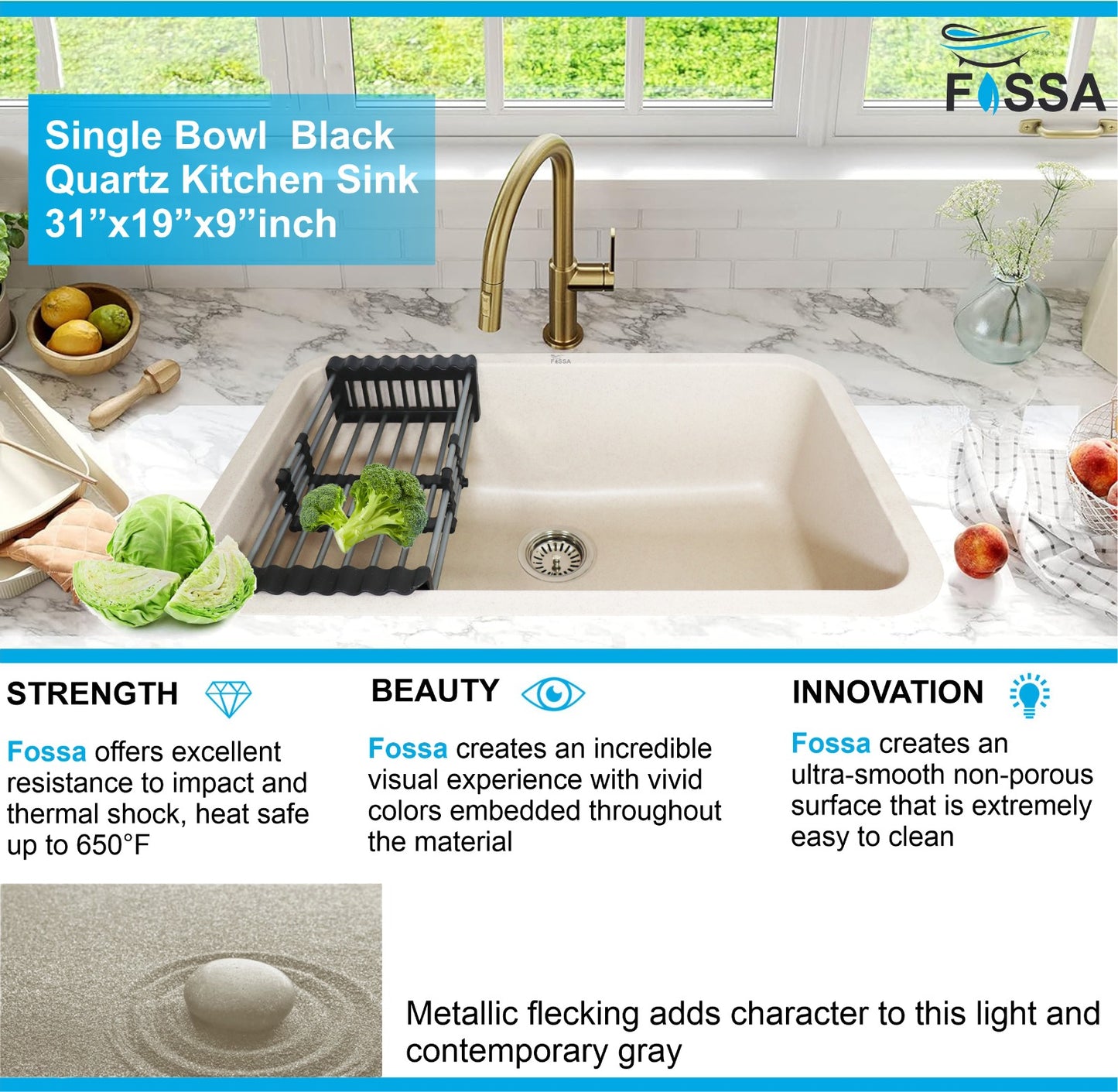 Fossa 31"x19"x09" Inch Granite Quartz Kitchen Sink Single Bowl with Basket, Coupling, Waste Pipe Quartz German Engineered Technology Kitchen Sink Easy-to-Clean Sink (Peach Ivory)