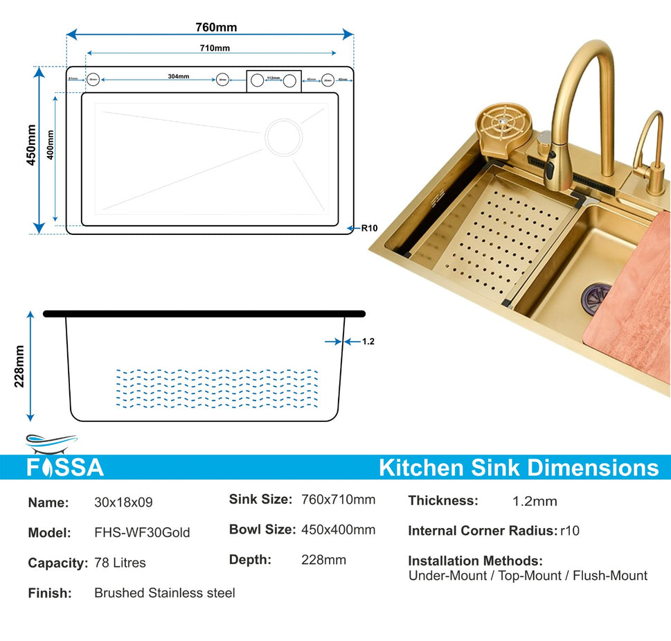 Fossa 30"x18"x10" inch  Single Bowl 304 grade Waterfall Kitchen Sink Honeycomb Embossed Sink with White Nano Coating, Stainless Steel, Rectangular Workstation, faucet With all Accessories.Gold