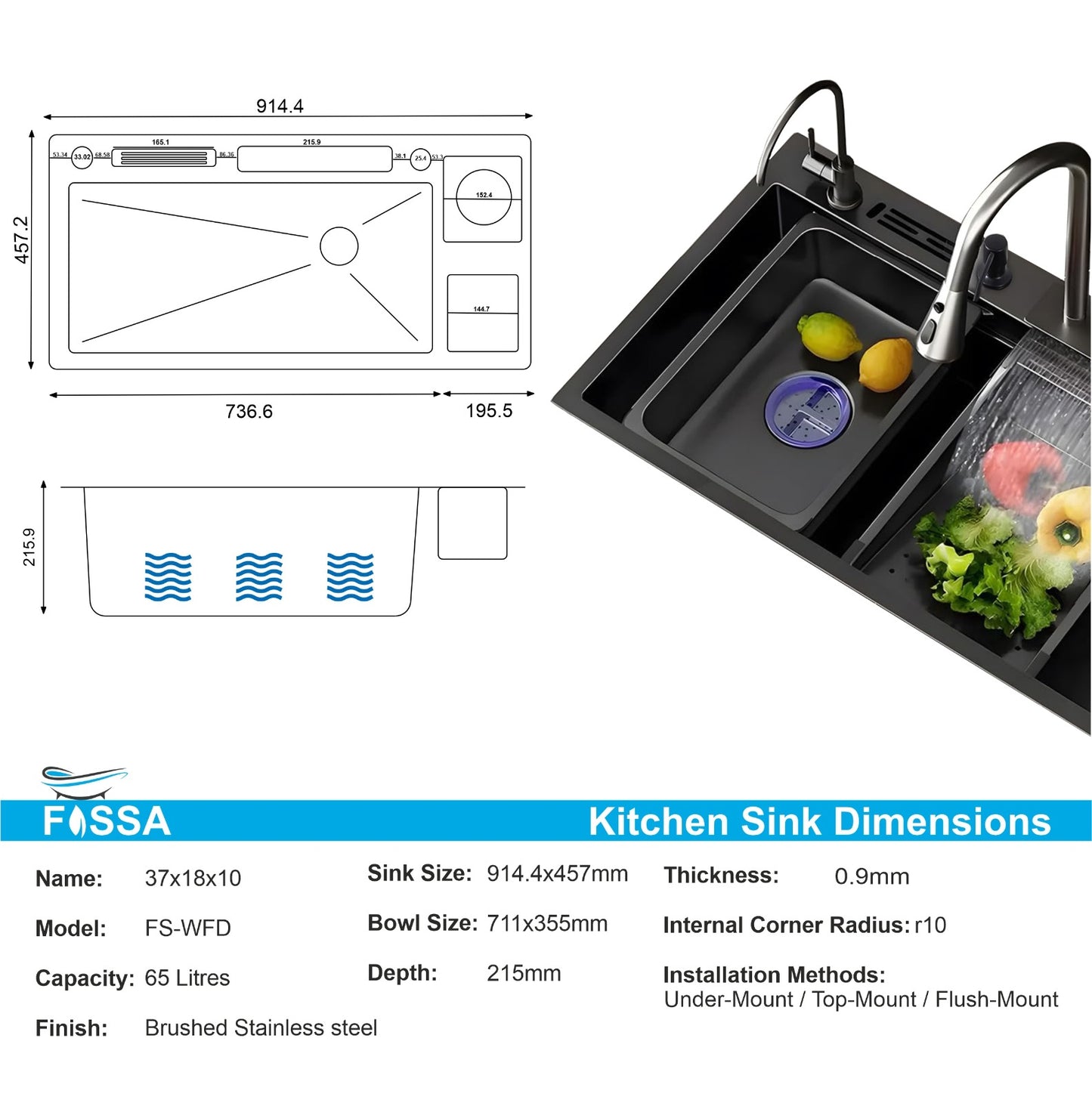 Fossa 37"x18"x10" inch Premium Single Bowl With Dustbin Sink Waterfall Kitchen Sink Honeycomb Embossed Sink with Black Nano Coating, Stainless Steel, Rectangular Workstation,faucet With all Accessories.