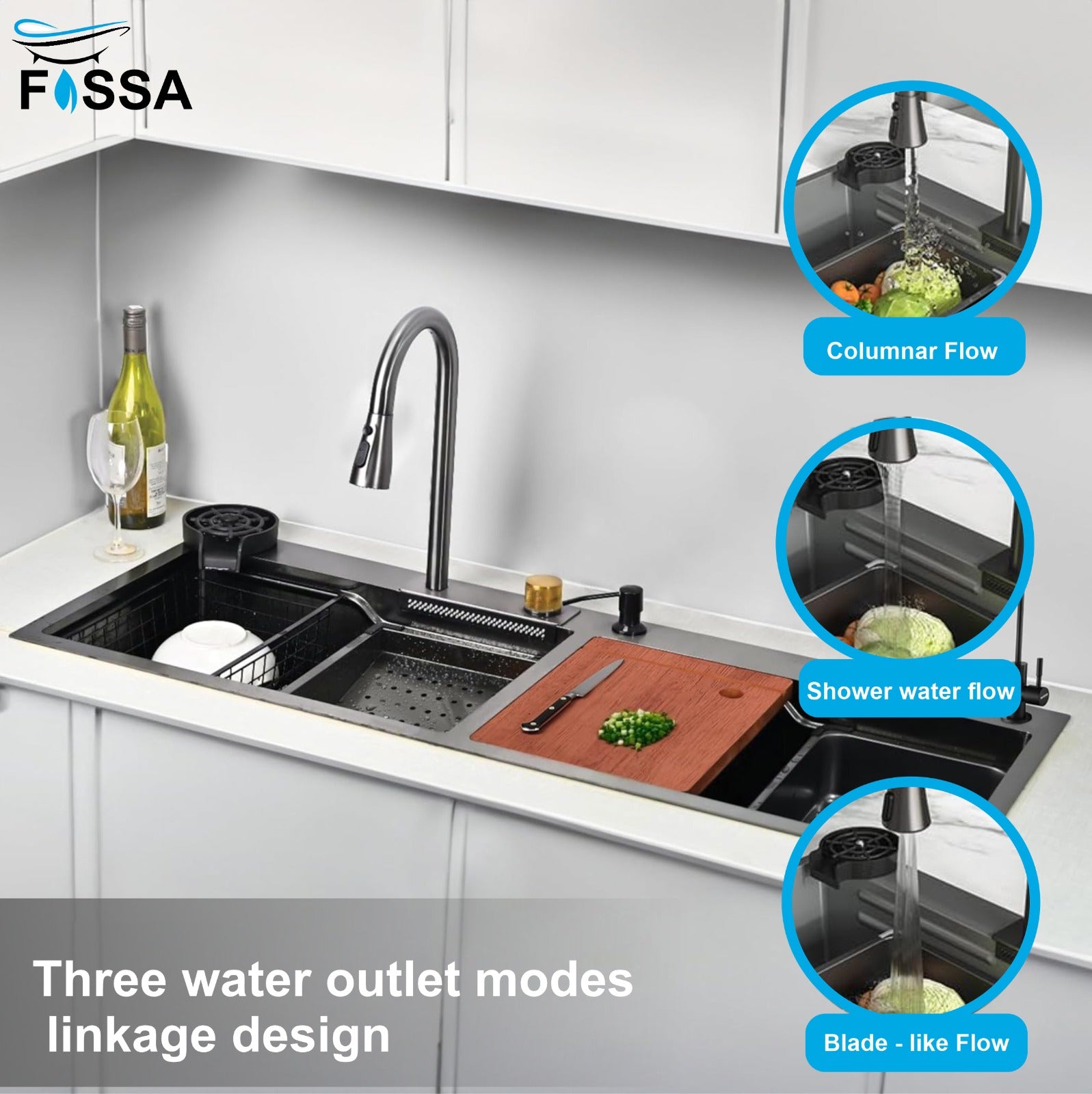 Fossa WaterFall Double Bowl 47"x18"x10" inch Premium Stainless Steel Handmade  Kitchen Sink, Matte Finish, FS-WF3A - Fossa Home 