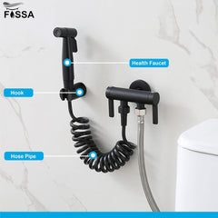 Fossa Hand Held Bidet Sprayer Premium Stainless Steel Sprayer - Health Faucet for Toilet, with 1 Mtr Spring Flexible Shower Hose Pipe,Hook (Black)