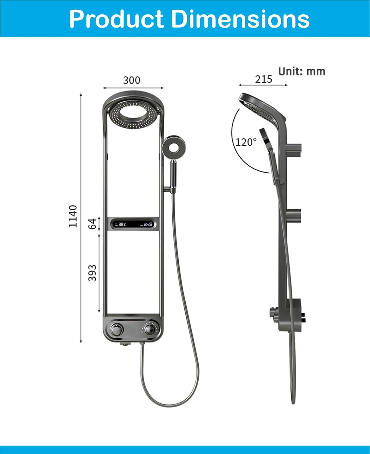 Fossa Shower Panel - Vortex with Hydropowered LED Light + Digital Display & 3 Water Functions (Gun Metal Grey)