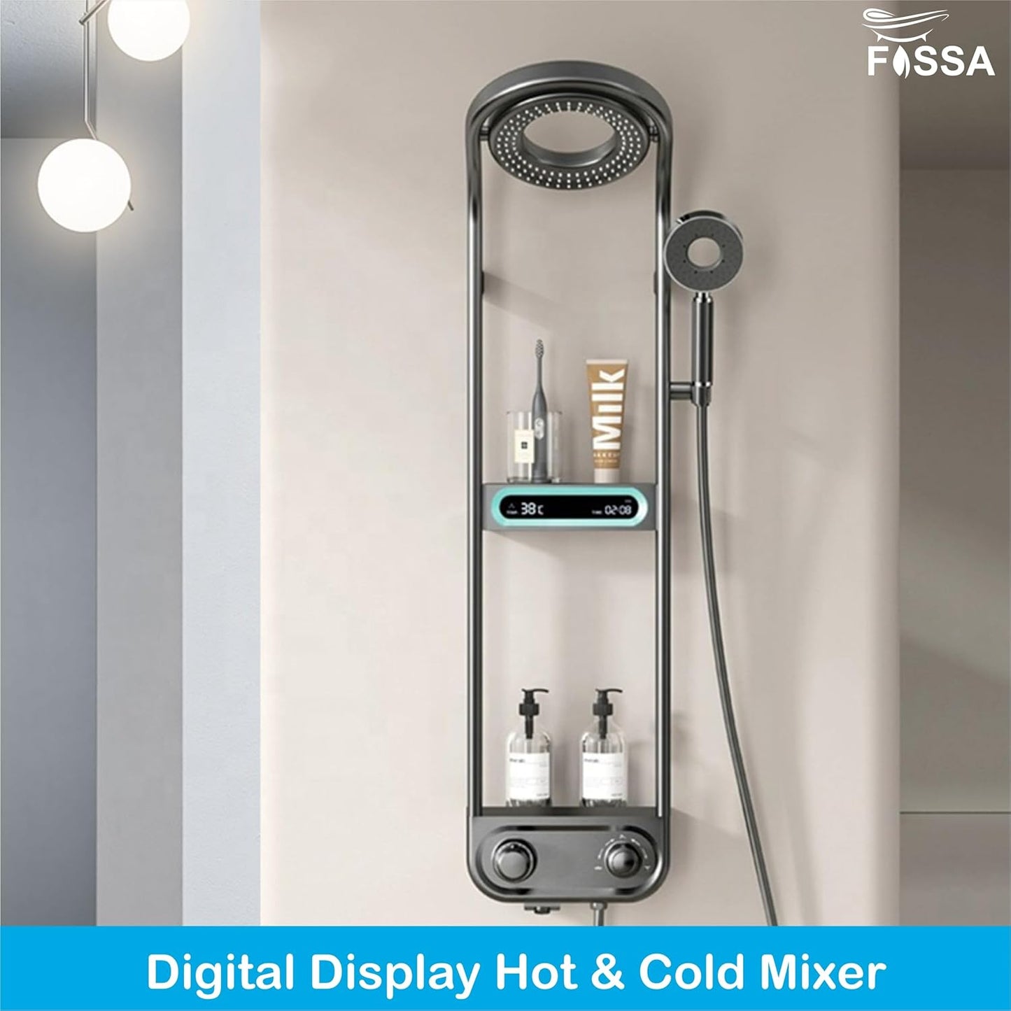 Fossa Shower Panel - Vortex with Hydropowered LED Light + Digital Display & 3 Water Functions (Gun Metal Grey)