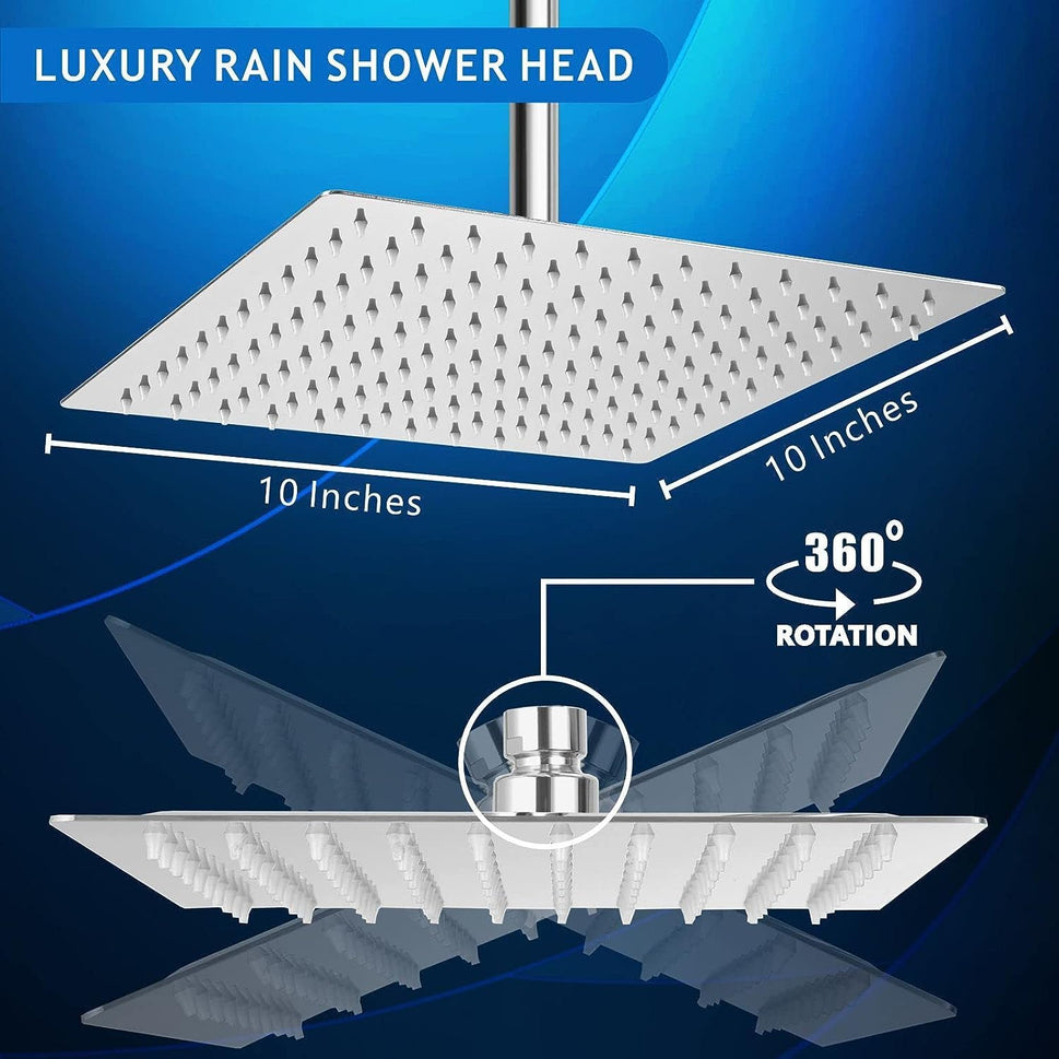 Fossa 10X10 Inch Rain Shower - Fossa Square High Pressure Shower Head Made of 304 Stainless Steel (With ARM Set 18 Inch ) - Fossa Home