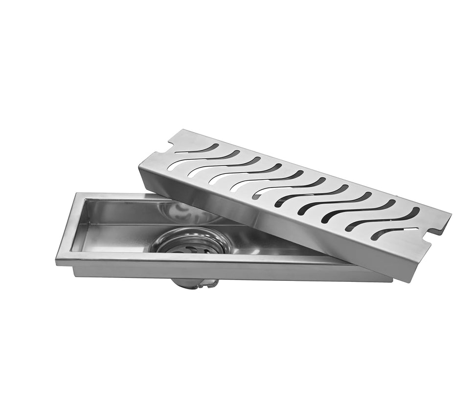 Fossa 12"x4" Shower Wave Brushed Drain Side Hole Rectangular Floor Drain with Accessories Wave Hole Pattern Cover Grate Removable 304 Stainless Steel (12 inch) - Fossa Home