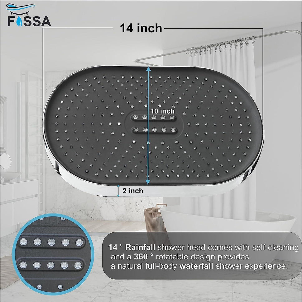 Fossa 14 inch Rain Shower Head Rectangle - Wide Coverage Rainfall Style Water Spray - Adjustable Showerhead - Fossa Home