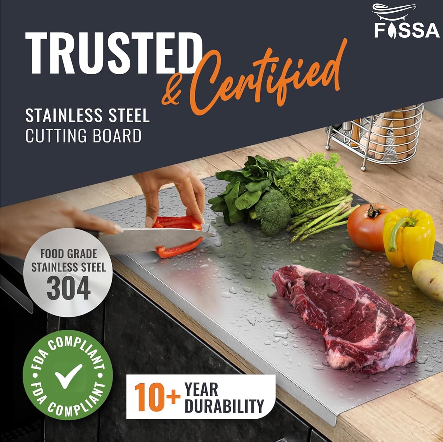 Fossa 15.5"x12"x1" Extra Large Premium Stainless Steel Cutting Board - Thin & Stable | Cutting Boards for Kitchen | Metal Cutting Boards for Kitchen | Pastry Board | Chopping Board | Countertop (Silver) - Fossa Home