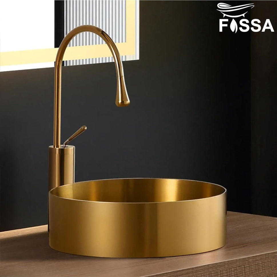 Fossa 16x16x5 Inch Table Top Wash Basin For Bathroom Round Counter Top stainless steel Kitchen Sink Matte Finish Gold (Round) - Fossa Home