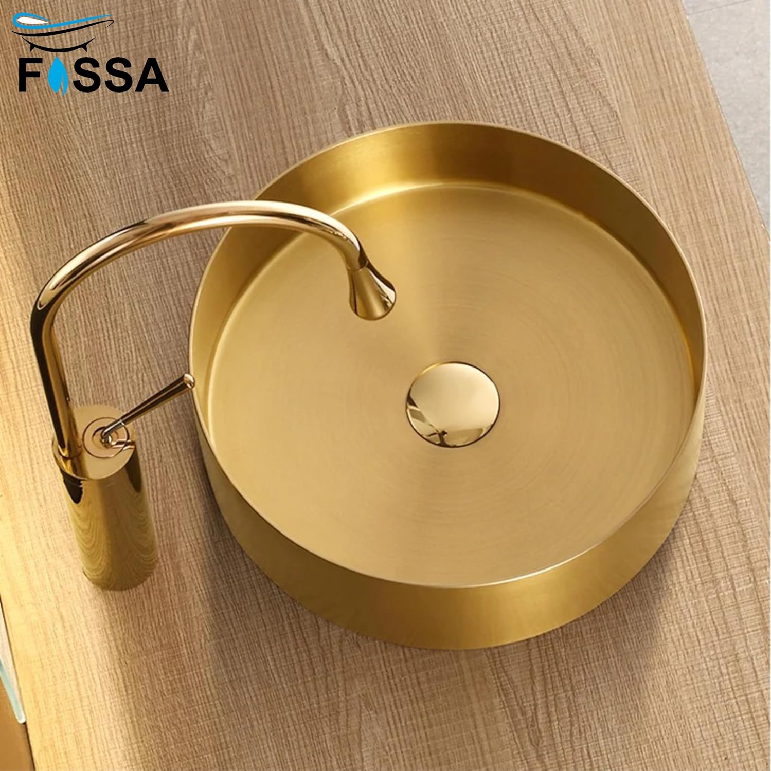 Fossa 16x16x5 Inch Table Top Wash Basin For Bathroom Round Counter Top Wash Basin For Living Room Washbasin Countertop Tabletop stainless steel Bathroom Kitchen Sink Matte Finish Gold (Round) - Fossa Home