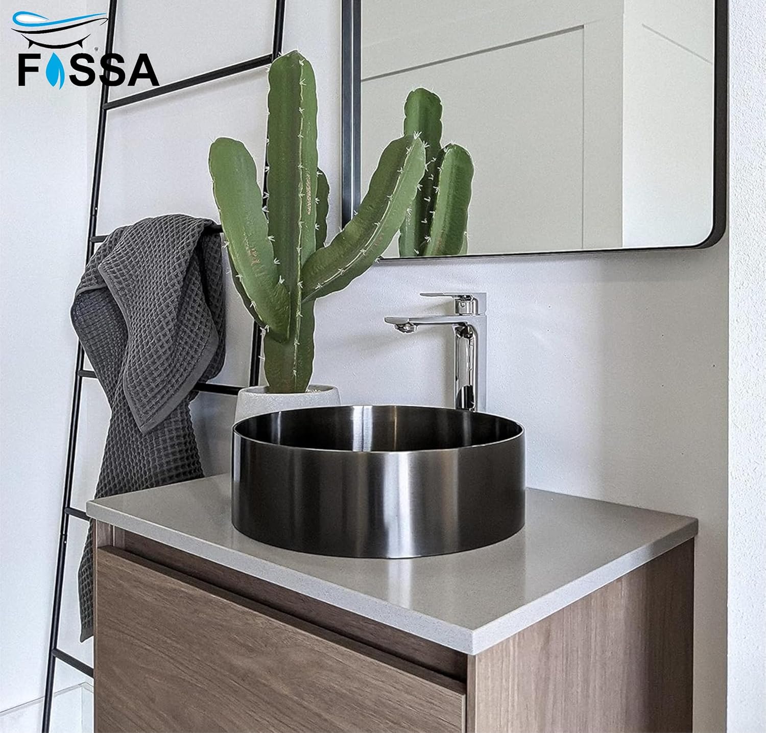 Fossa 16x16x5 Inch Table Top Wash Basin For Bathroom Round Counter Top Wash Basin For Living Room Washbasin Countertop Tabletop stainless steel Bathroom Kitchen Sink Matte Finish Black (Round) - Fossa Home