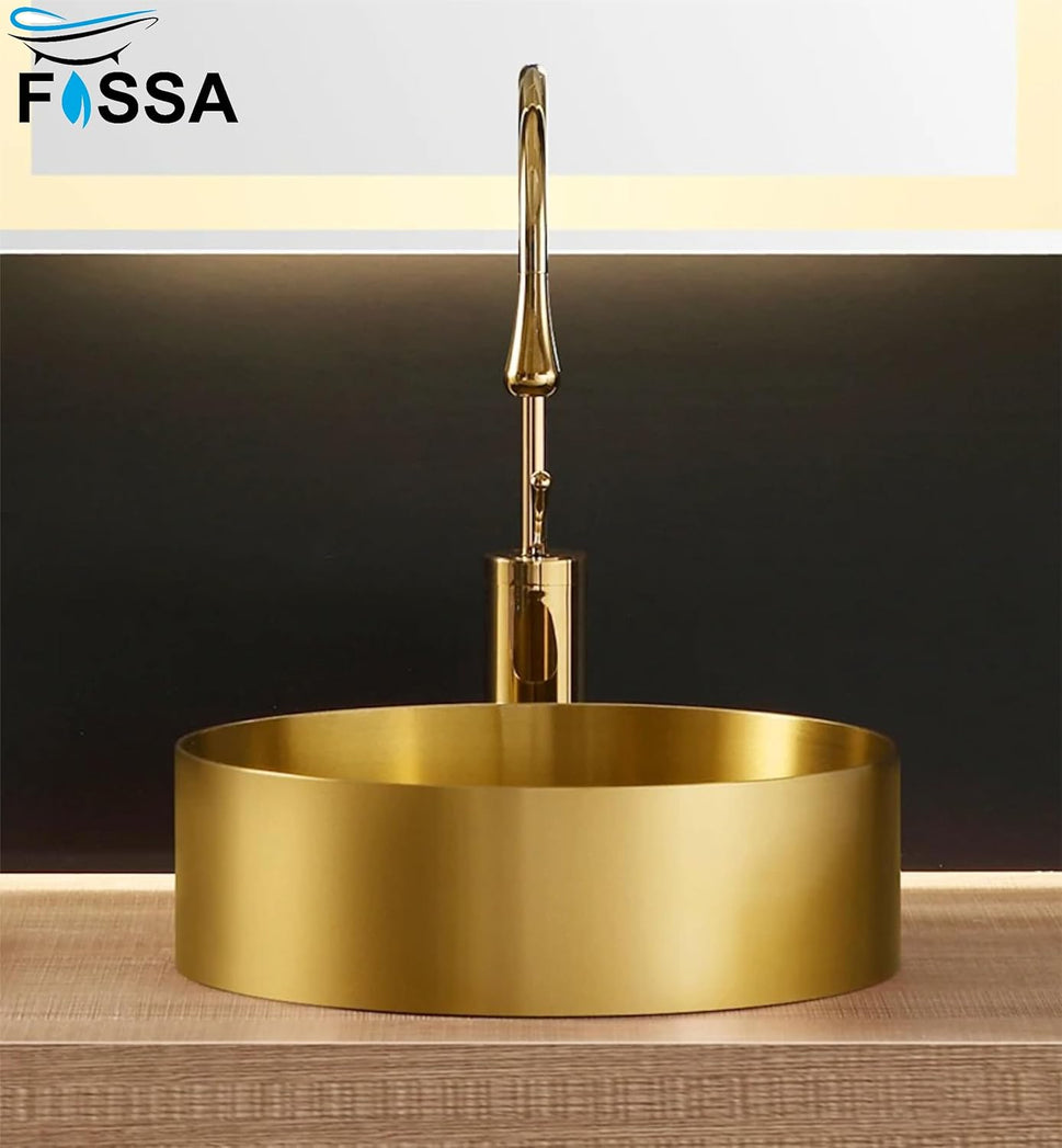 Fossa 16x16x5 Inch Table Top Wash Basin For Bathroom Round Counter Top Wash Basin For Living Room Washbasin Countertop Tabletop stainless steel Bathroom Kitchen Sink Matte Finish Gold (Round) - Fossa Home