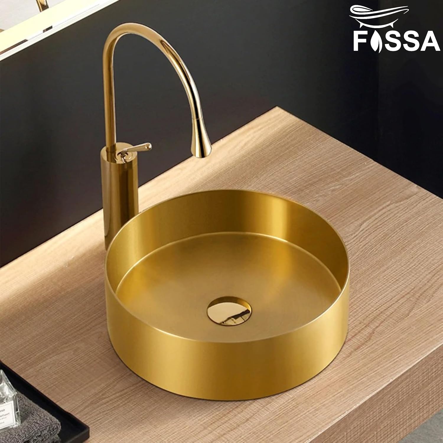 Fossa 16x16x5 Inch Table Top Wash Basin For Bathroom Round Counter Top Wash Basin For Living Room Washbasin Countertop Tabletop stainless steel Bathroom Kitchen Sink Matte Finish Gold (Round) - Fossa Home