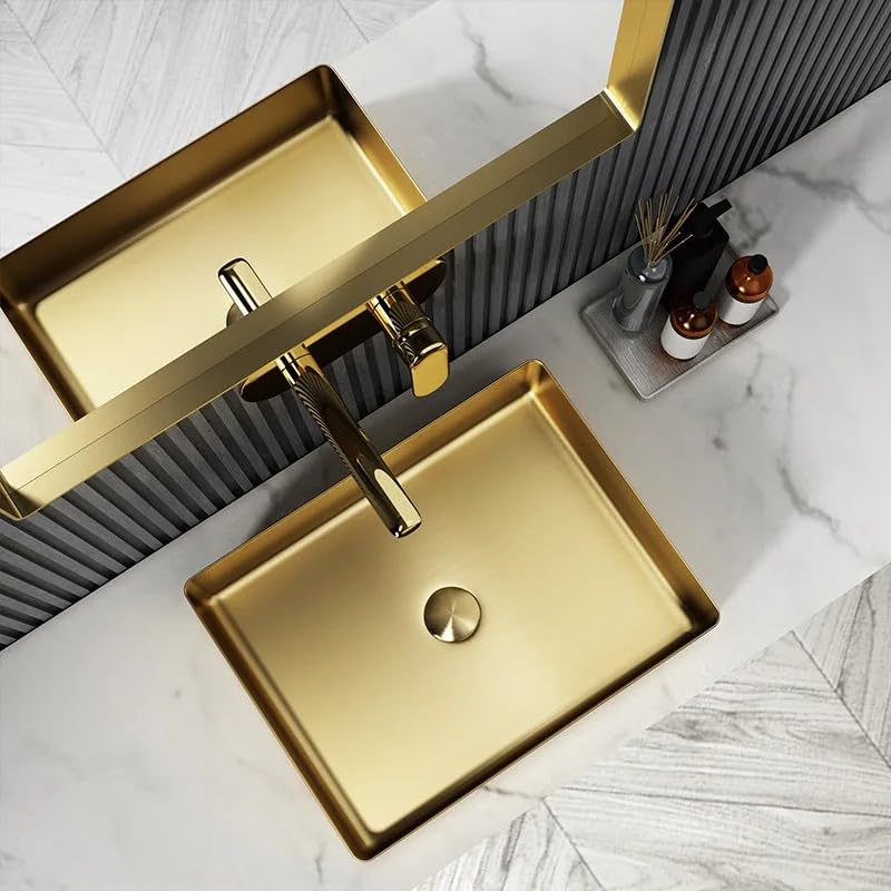 Fossa 18.5x14x04 Inch Luxury Table Top Wash Basin For Bathroom Counter Top For Living Room Washbasin Countertop Tabletop stainless steel Bathroom Kitchen Sink Matte Finish Gold (Rectangular) - Fossa Home